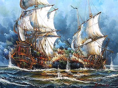 400x300 24 Oil Painting On Canvas Sea Battle Galleon Ships Nautical - Galleon Painting