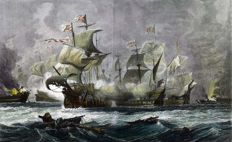 800x492 Vanguard Engages Two Spanish Galleons - Galleon Painting