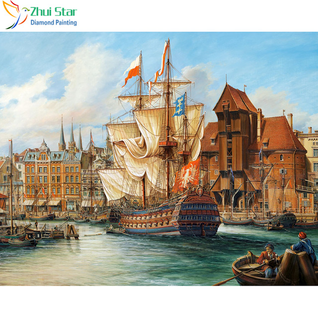 640x640 Zhui Star 5d Diy Full Square Diamond Painting Cross Stitch Wharf - Galleon Painting