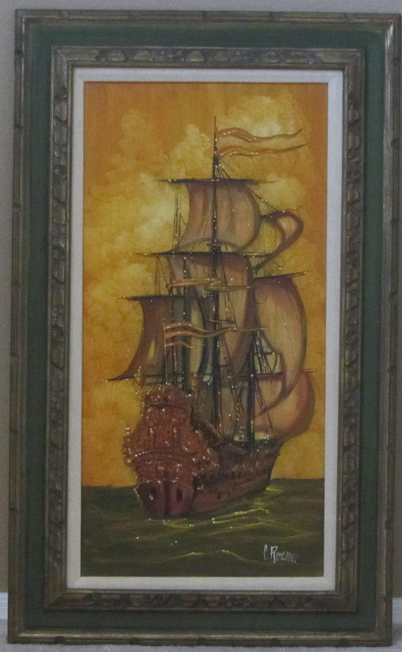 570x924 Mcm Spanish Galleon Original Oil Painting Signed C. Roseen - Galleon Ship Painting