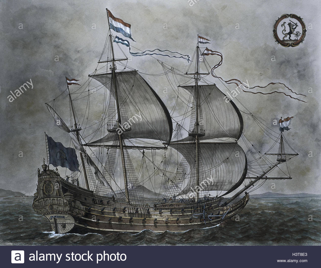 1300x1085 Painting, In 1639, Dutch Sailing Ship, Amelia Kind, Art - Galleon Ship Painting