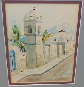 290x300 Gallo Mexican Mission Scene Original Watercolor Mountain Landscape - Gallo Painting