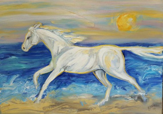 570x399 Whaite Horse Oil Painting, White Horse Galloping, Horse Running - Galloping Horse Painting