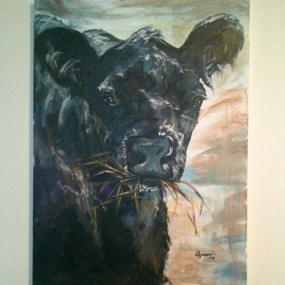 963x963 Original Painting. Acrylic On Canvas. Galloway Cow Eating Hay - Galloway Painting