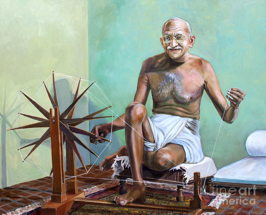 900x728 Mahatma Gandhi Spinning Painting By Dominique Amendola - Gandhi Painting