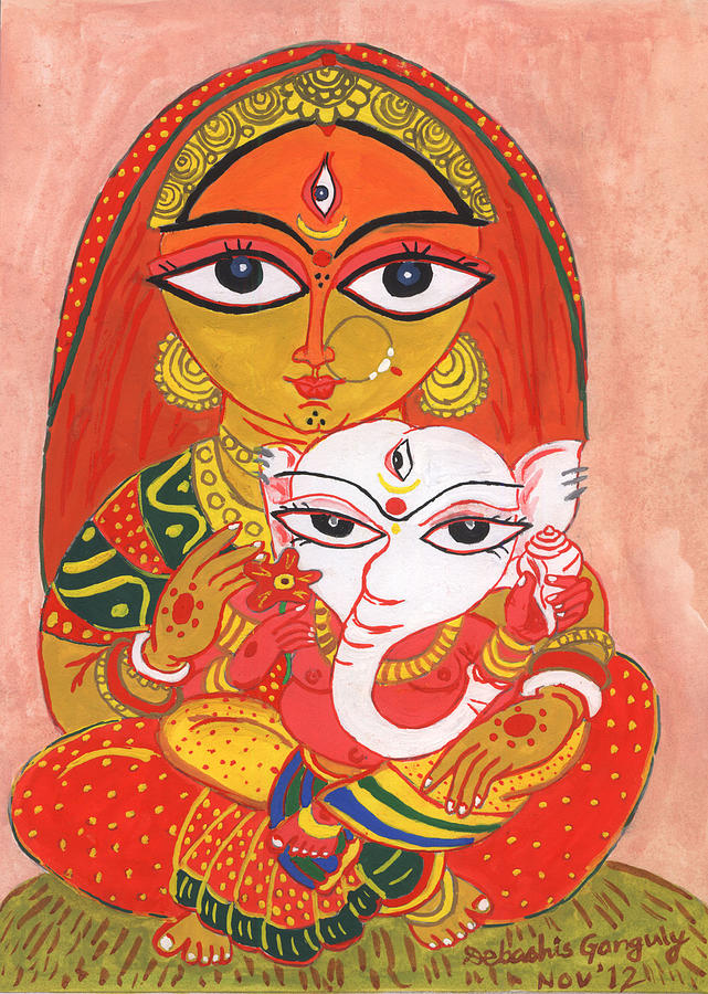 641x900 Ganesh Janani Painting By Debashis Ganguly - Ganesh Painting For Kids