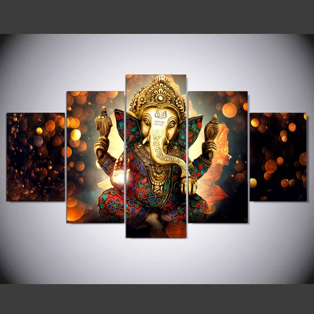 640x640 5 Panel Modern Ganesh Elephant Trunk God Hd Art Print Canvas Art - Ganesh Painting Wall Canvas