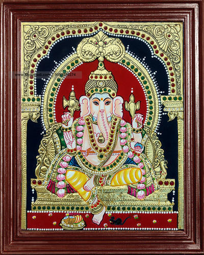 400x500 Traditional Mantap Ganesha Tanjore Painting, Ganesha Tanjore - Ganesha Art Painting