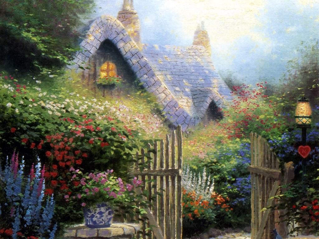 1024x768 Houses Garden Gate Kinkade Painting Cottage Architecture - Garden Gate Painting