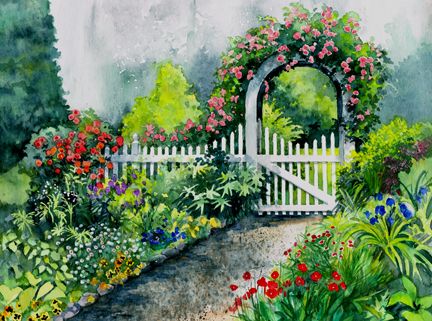 432x321 Summer Garden Gate By Val Stokes Pictures Summer - Garden Gate Painting