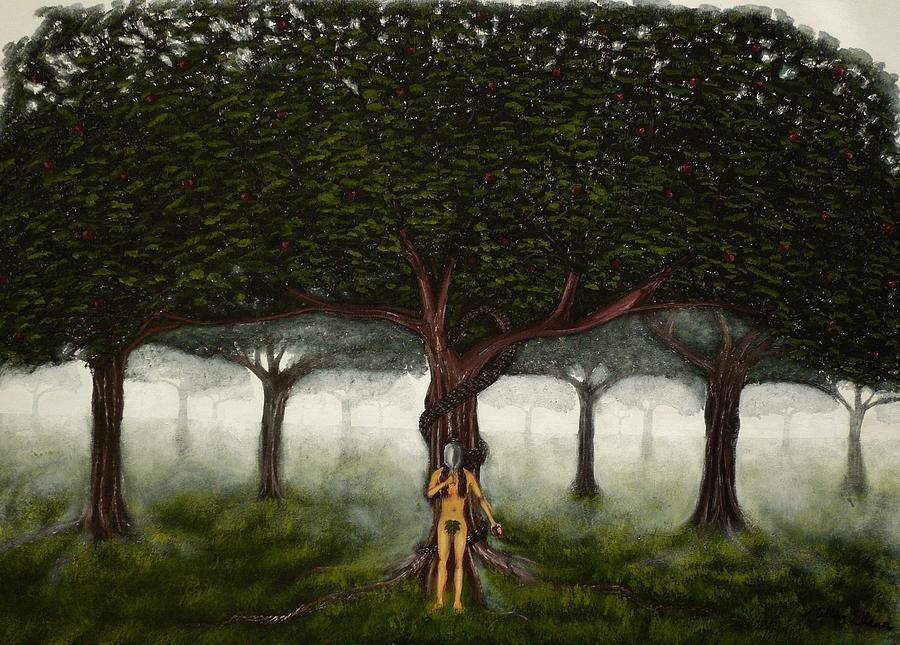 900x645 Tree Of Good And Evil Eve With Large Green Garden Of Eden Tree - Garden Of Eden Painting