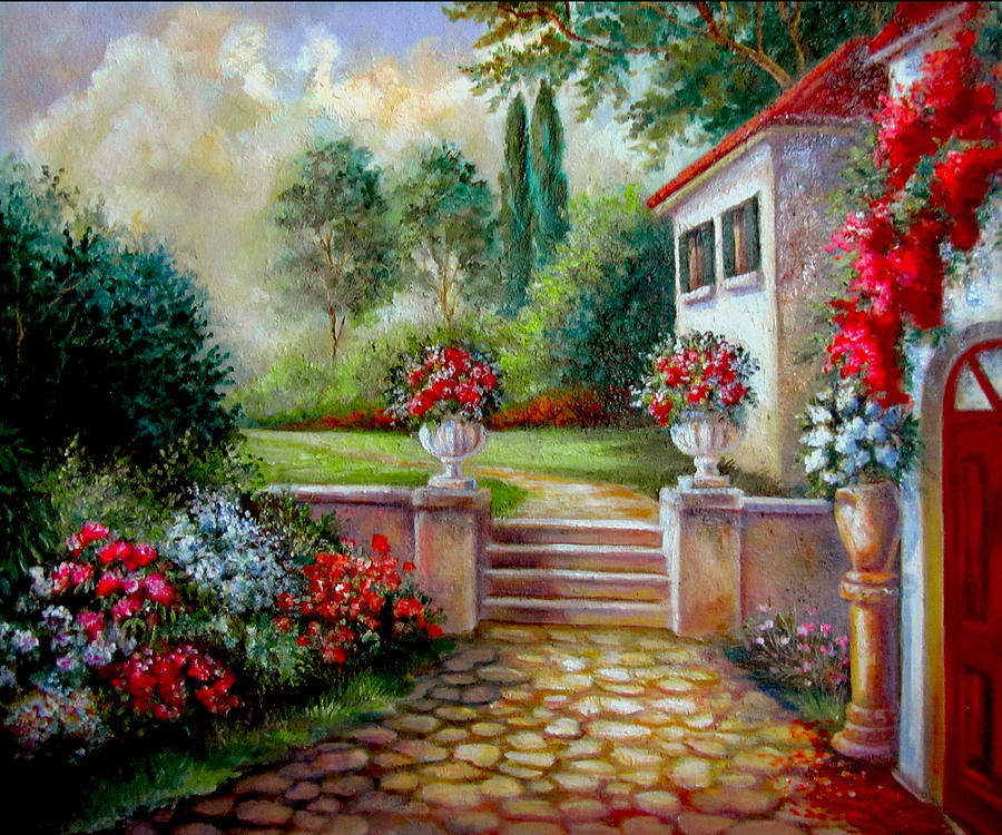 900x750 Italyan Villa With Garden Painting By Regina Femrite - Garden Painting