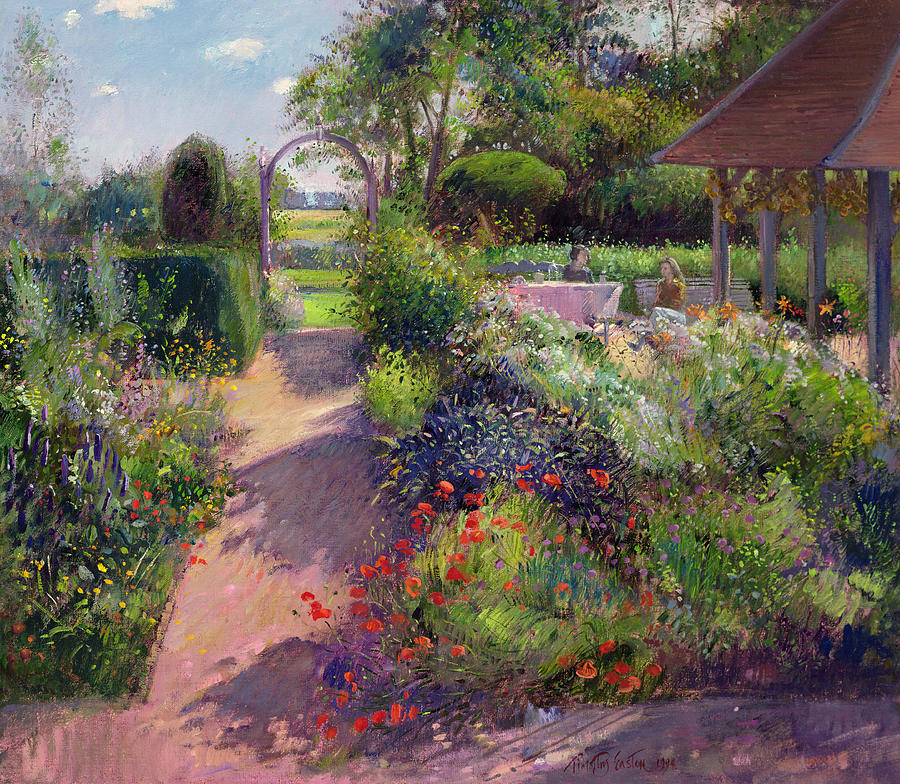 900x784 Morning Break In The Garden Painting By Timothy Easton - Garden Painting