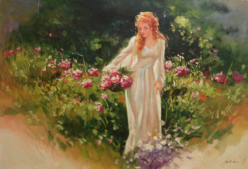 1000x683 Oil Painting Of Beautiful Lady Picking Flowers In Garden Portrait - Garden Painting