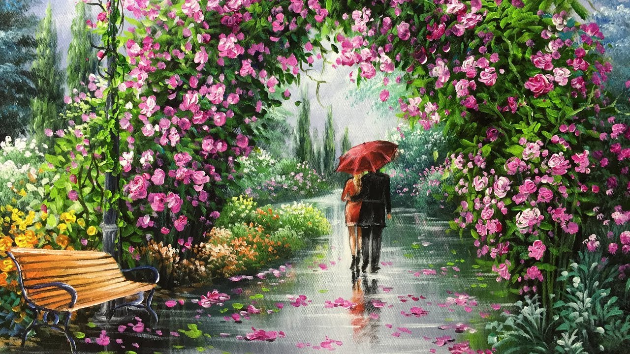 1280x720 Couple Walking In Garden Acrylic Painting - Garden Painting