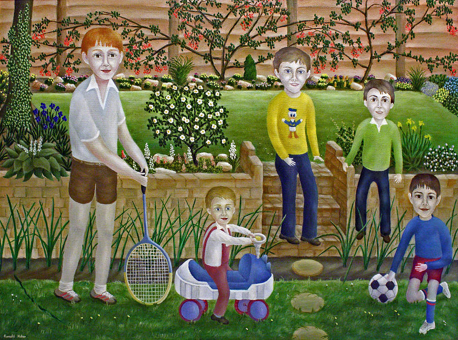 900x669 Kids In The Garden Painting By Ronald Haber - Garden Painting For Kids