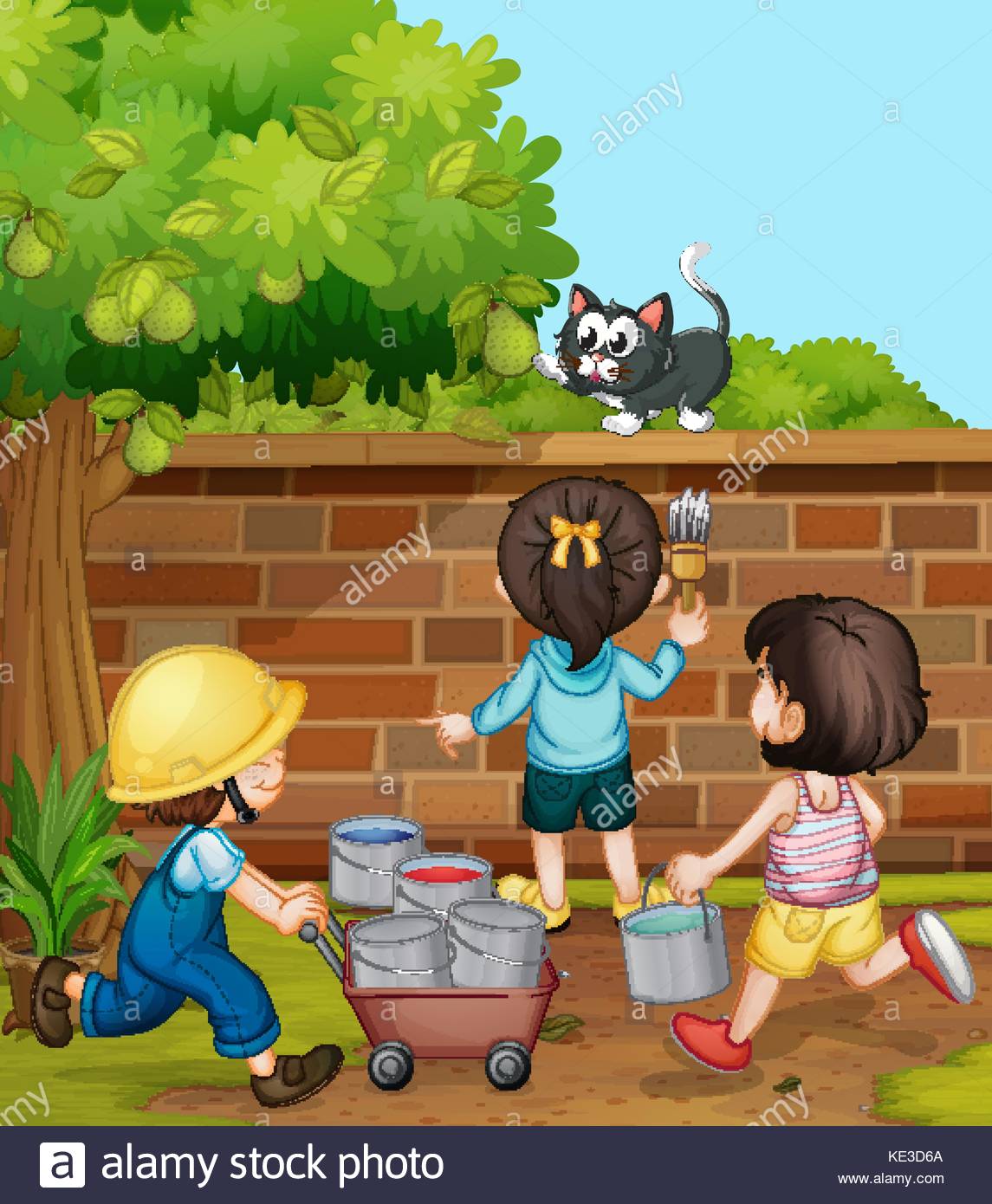 1145x1390 Kids Painting Brick Wall In The Garden Illustration Stock Vector - Garden Painting For Kids