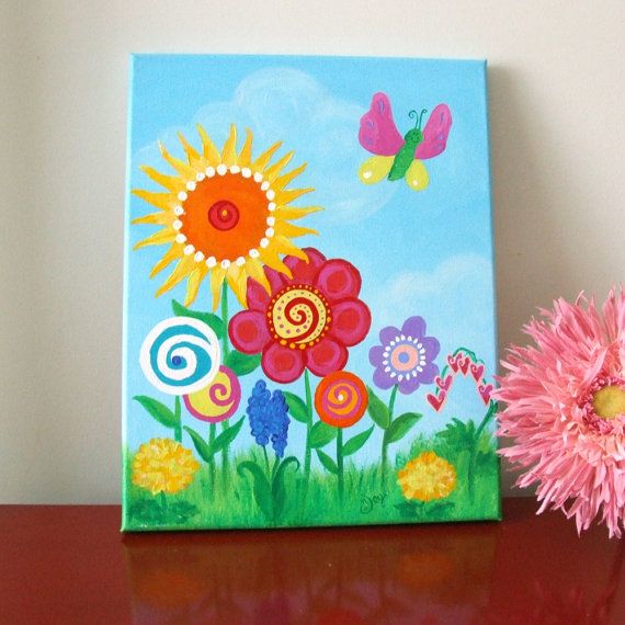 570x570 Girls Room Wall Art, Butterfly Garden, 11x14 Canvas Painting - Garden Painting For Kids