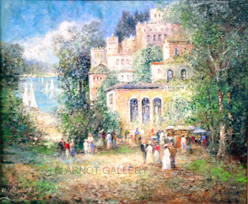 800x660 Will Bauer, Garden Party By The Lake 20x24, Original Oil Painting - Garden Party Painting