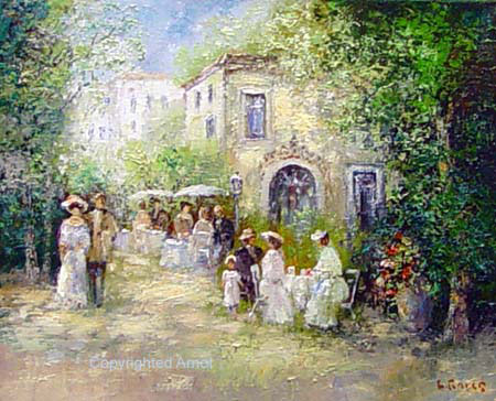 450x364 Willi Bauer, Cafe Garden Party. 13x16 Inches. - Garden Party Painting