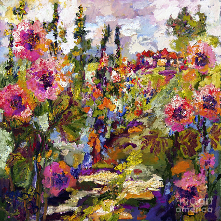 900x900 Impressionist Garden Path And Hollyhock Painting By Ginette Callaway - Garden Path Painting