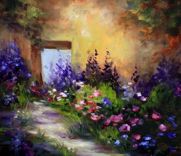 354x305 Nancy Medina Art Garden Path With Tulips Painting By Texas Artist - Garden Path Painting