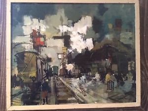 300x225 Antique Painting Gare Du Nord,paris Steam Locomotive Signed. Jean - Gare Painting