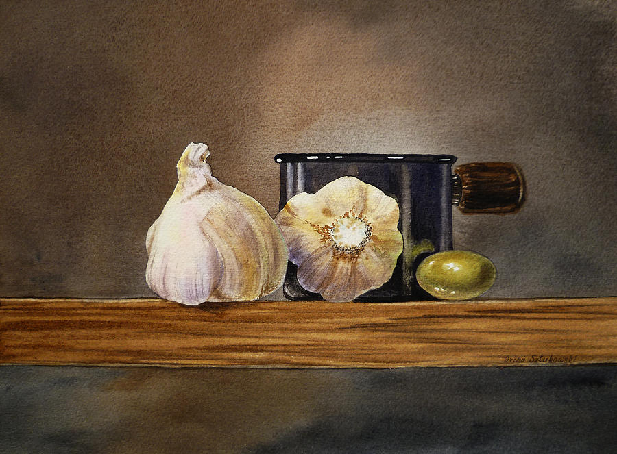 900x663 Still Life With Garlic And Olive Painting By Irina Sztukowski - Garlic Painting