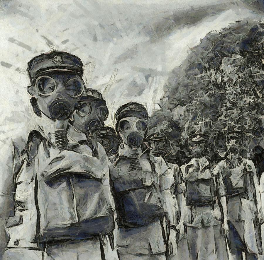 900x888 Women Soldiers With Gas Masks Wwii Painting By Esoterica Art Agency - Gas Mask Painting