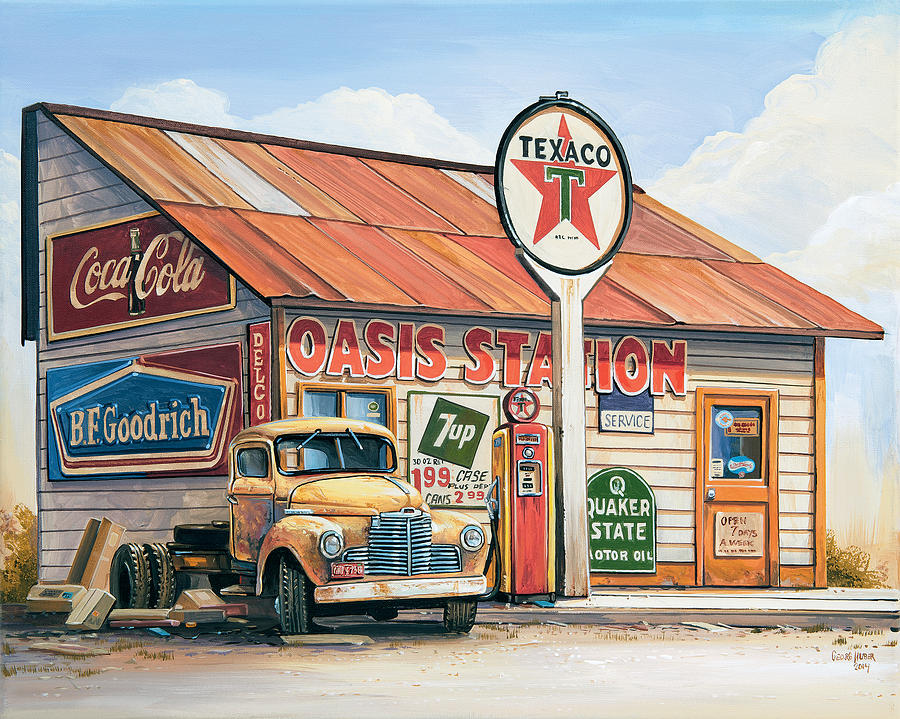 900x719 Oasis Station Painting By Georg Huber - Gas Station Painting