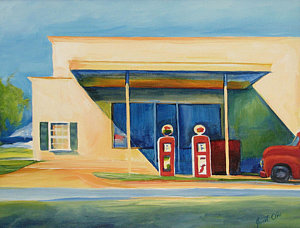 300x228 Round Rock Gas Station Painting By Janet Oh - Gas Station Painting