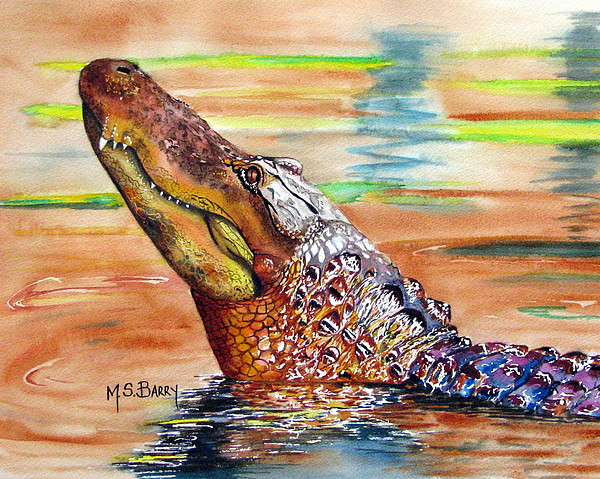 600x479 Sunset Gator Painting By Maria Barry - Gator Painting