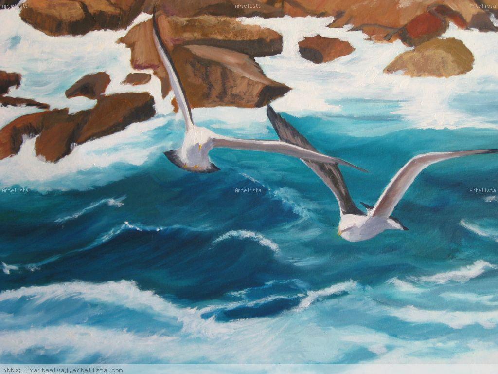 1024x768 Gaviotas Al Vuelo Teresa Alvarez Jalabert (Maitealvaj - Gaviotas Painting