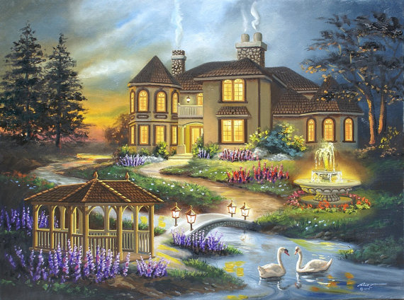 570x424 House Swans Gazebo Landscape Painting By Rusty Rust 30x40 - Gazebo Painting