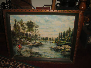 300x225 Sp Geiger Oil Painting On Canvas Man In Canoe Water River Country - Geiger Painting