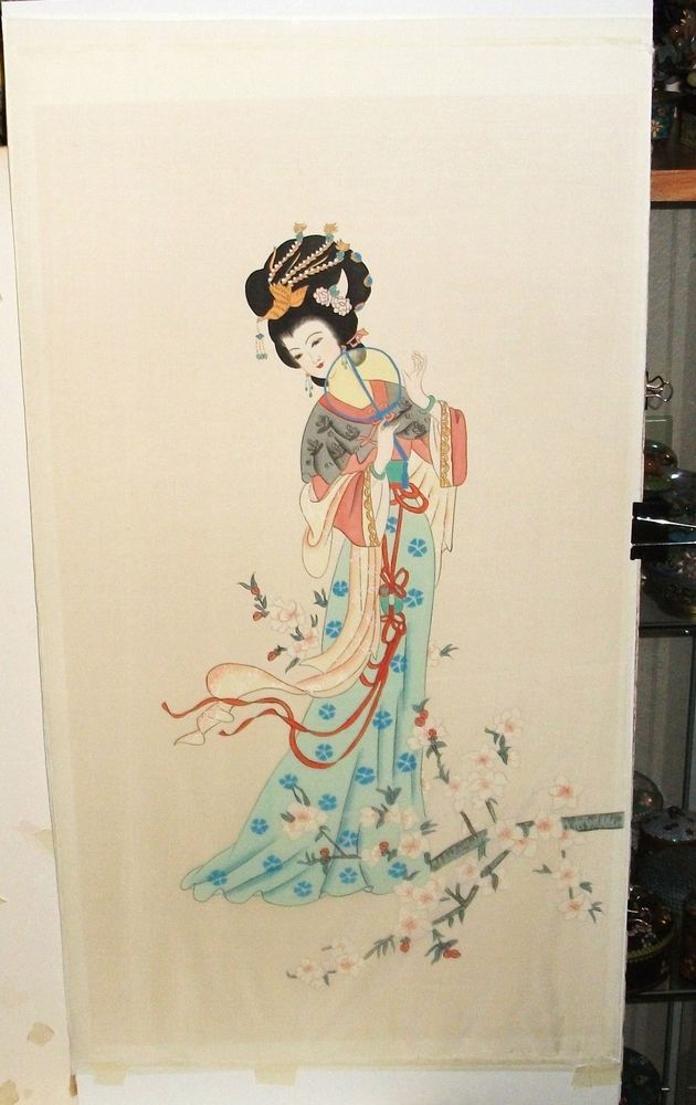 630x1000 Huge Chinese Geisha Girl Floral Blossom Watercolor On Silk - Geisha Girl Painting