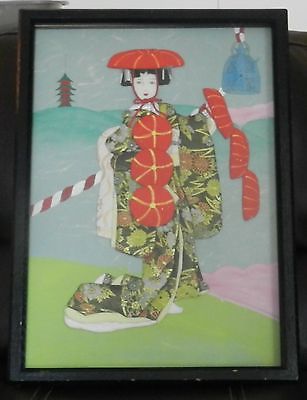 307x400 Vintage Japanese Geisha Girl Painting On Broad Needlework Raised - Geisha Girl Painting