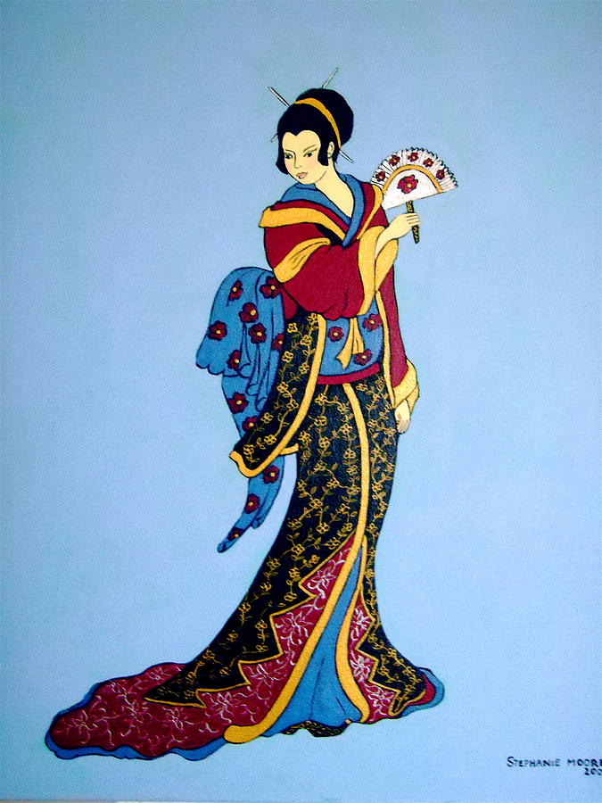 675x900 Geisha With Fan Painting By Stephanie Moore - Geisha Painting
