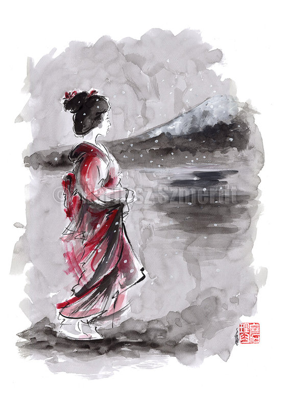 570x808 Geisha Painting Japanese Art Watercolor Artwork Japan Style Ink - Geisha Watercolor Painting