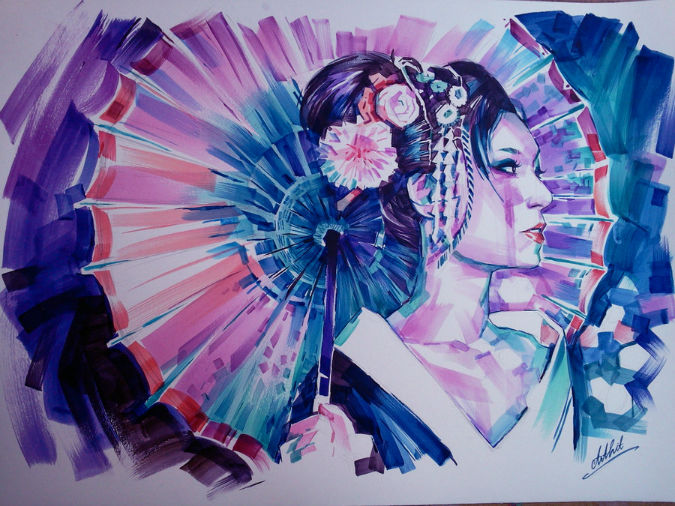 675x506 Watercolor Portraits By Arthit Lertlalitkul - Geisha Watercolor Painting