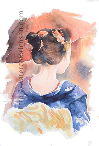 407x600 Geisha Ichsan Harja Watercolor Painting - Geisha Watercolor Painting