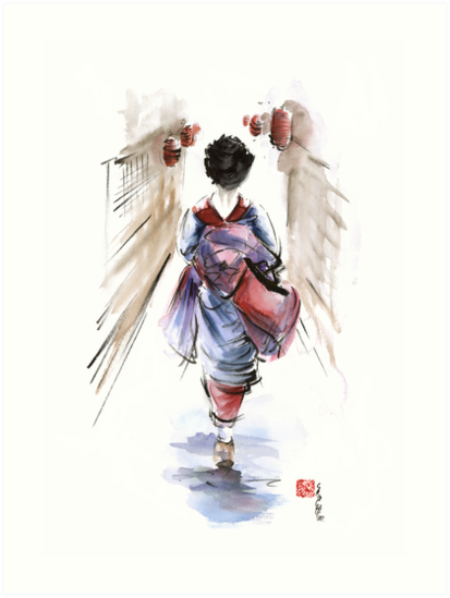 413x549 Geisha Japanese Woman In Kimono Original Japan Painting Art Art - Geisha Watercolor Painting