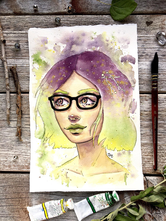 570x760 Gemini Woman Galaxy Painting, Green Painting Watercolor, Modern - Gemini Painting