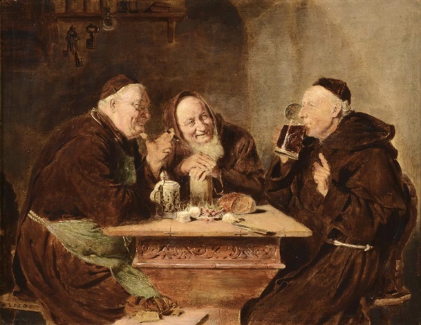609x470 In A Monasterial Tavern. A Genre Scene Picturing A Group Of Three - Genre Scene Painting