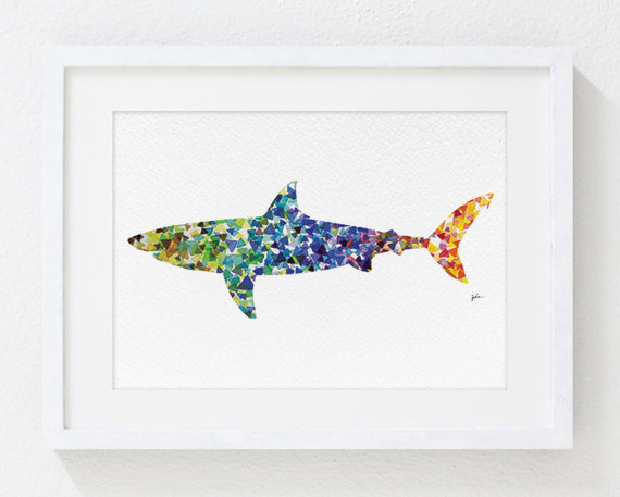 570x457 Geometric Shark Painting Colorful Watercolor Art 5x7 - Geometric Animal Painting
