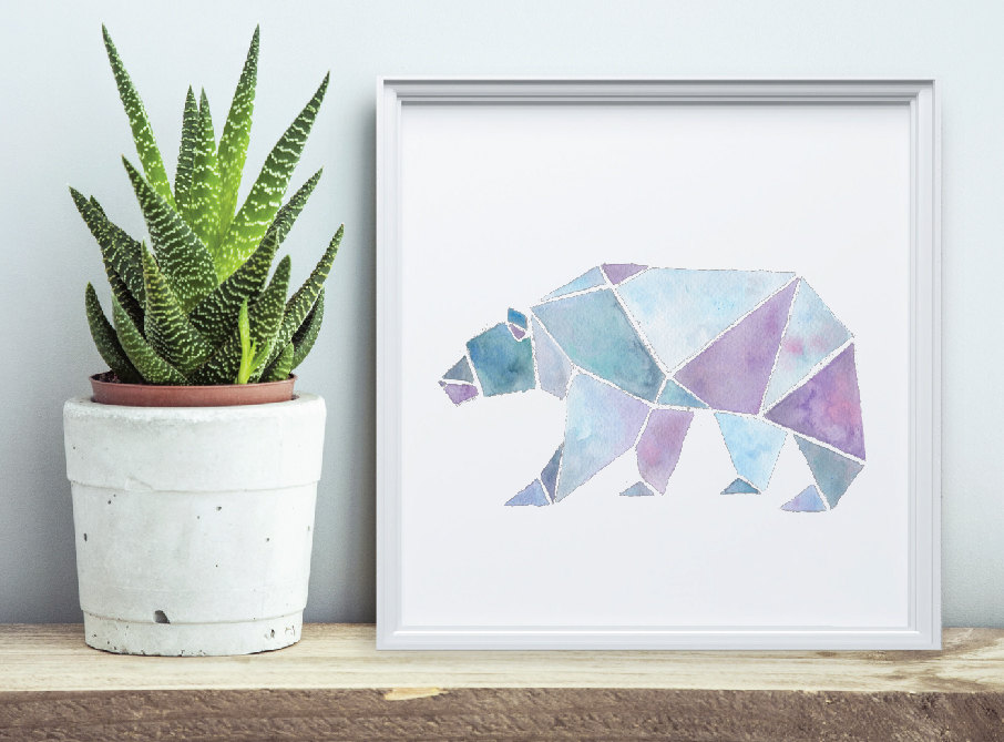 906x669 Bear Print Geometric Watercolor Painting Wall Art Series - Geometric Animal Painting