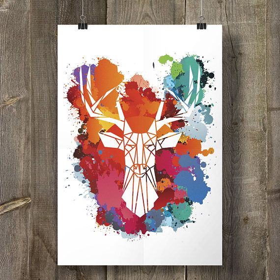 570x570 Bright Bold Art Print, Geometric Stag Print, Cool Deer Art, Teal - Geometric Animal Painting