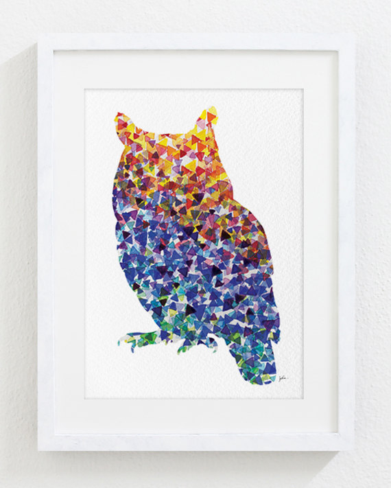570x711 Colorful Geometric Owl Watercolor Painting 5x7 Reproduction - Geometric Animal Painting