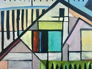 300x224 Abstract Modernist Oil Painting On Linen Architectural House - Geometric Shapes Painting