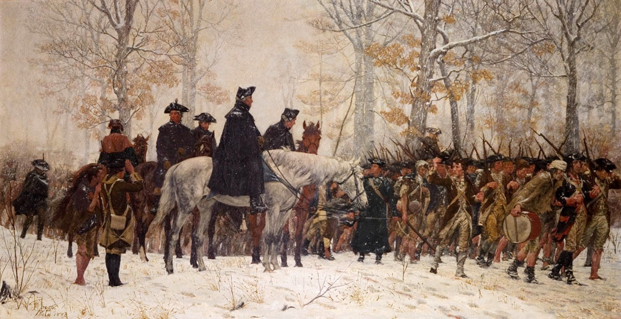2400x1232 George Washington Watching Troops On March To Valley Forge - George Washington Battle Painting